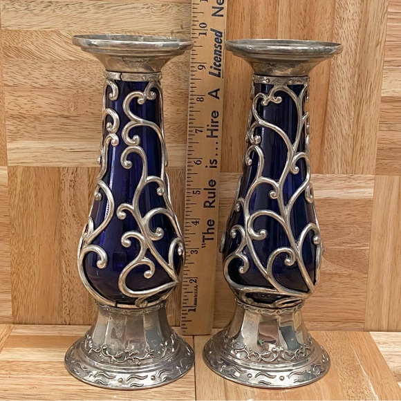 Rare Vintage MCM Mid Century Cobalt Blue Caged Glass Ornate 10” Candle Holder - Picture 7 of 12